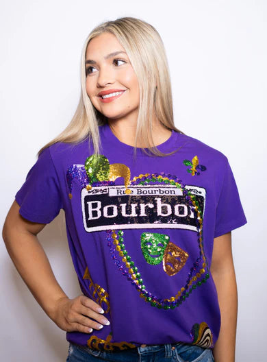 Bourbon Mardi Gras Purple Sequin Design Top-Graphic Tees-Bomb Designs-Shop with Bloom West Boutique, Women's Fashion Boutique, Located in Houma, Louisiana