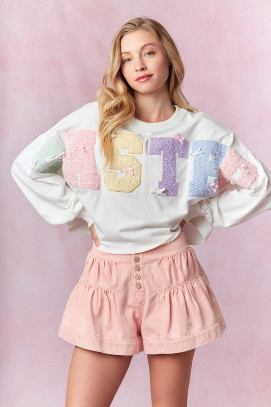 Easter Tweed Embroidery Sweatshirt-Sweaters-Peach Love-Shop with Bloom West Boutique, Women's Fashion Boutique, Located in Houma, Louisiana