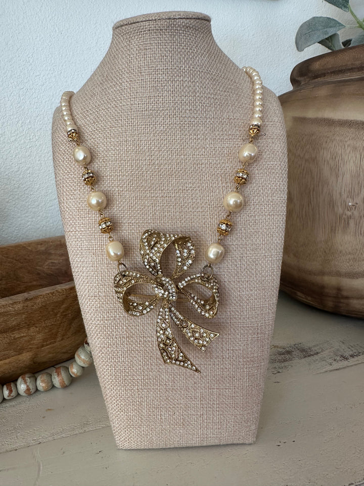 Erin Knight Design Vintage Rhinestone Bow Pearl Necklace-Necklaces-Erin Knight Designs-Shop with Bloom West Boutique, Women's Fashion Boutique, Located in Houma, Louisiana