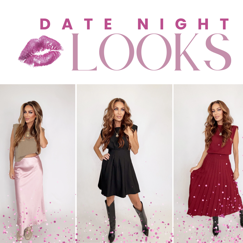 Promotional image for 'Date Night Looks' with a woman in a black dress and two other women in dresses on a white background | Bloom West Boutique | Houma, LA
