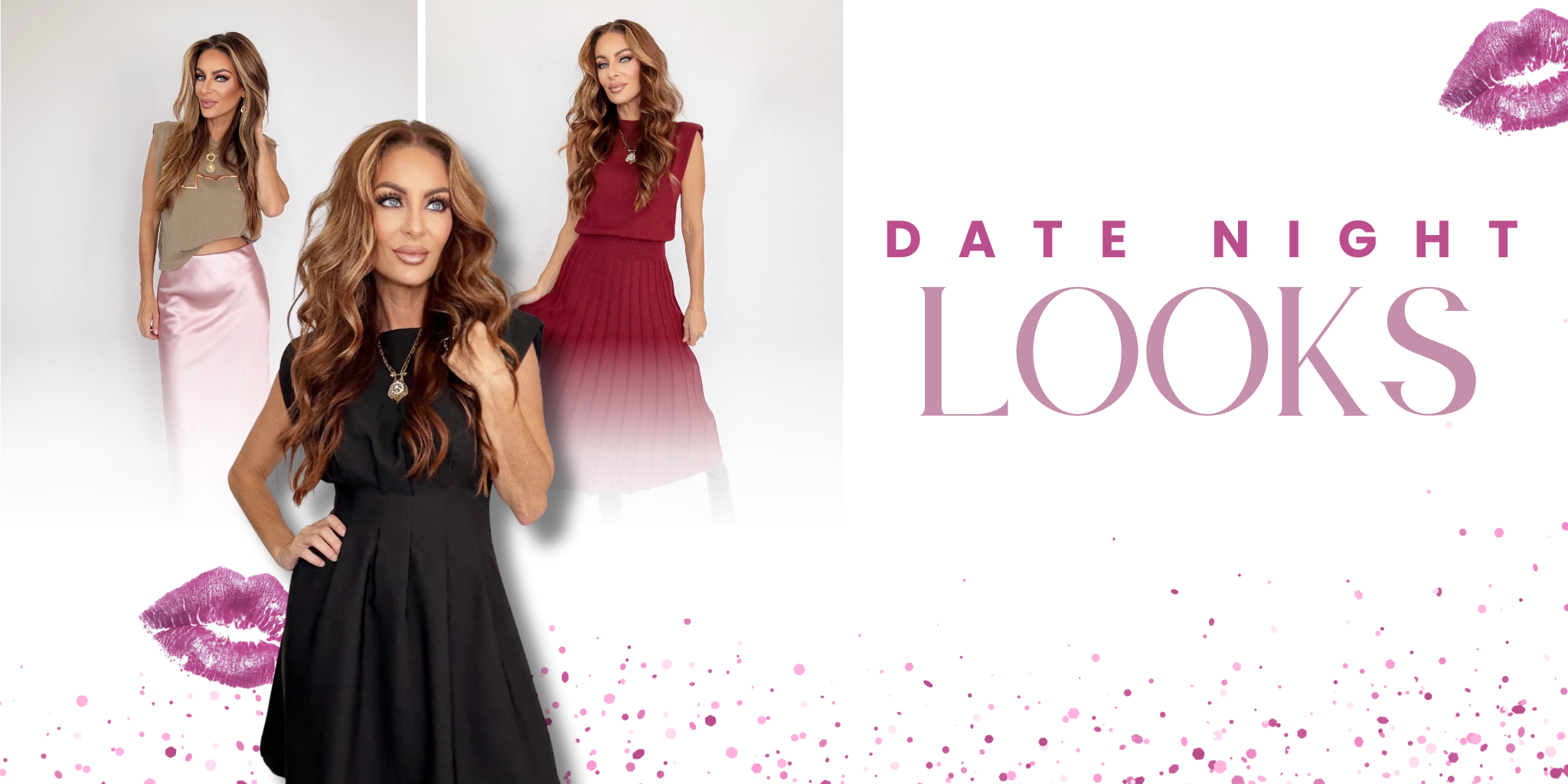 Promotional image for 'Date Night Looks' with a woman in a black dress and two other women in dresses on a white background | Bloom West Boutique | Houma, LA