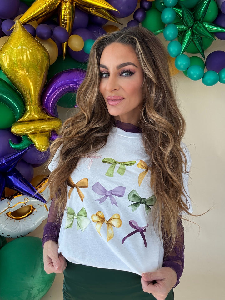 Mardi Gras Multi Bow Tee-Graphic Tees-The Wild Navy-Shop with Bloom West Boutique, Women's Fashion Boutique, Located in Houma, Louisiana