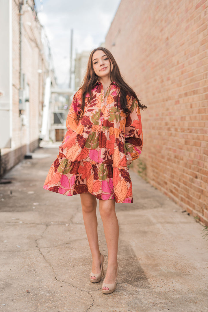 Katlynne Tropical Print Button Down Shirt Dress-Dresses-Peach Love-Shop with Bloom West Boutique, Women's Fashion Boutique, Located in Houma, Louisiana