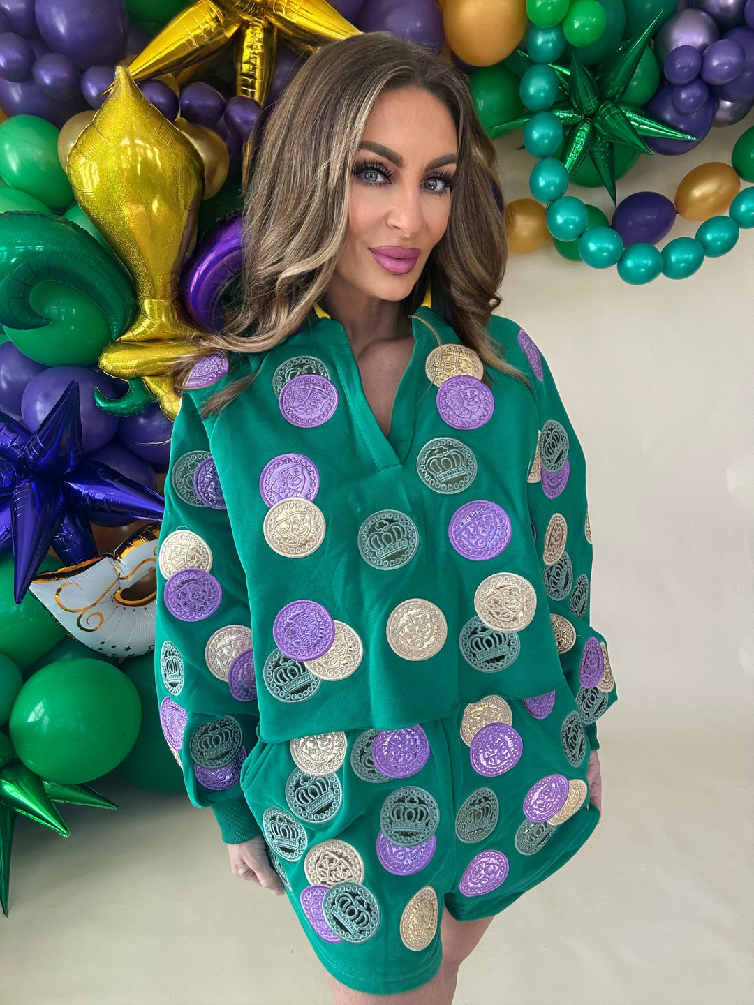 Queen of Sparkles Green Mardi Gras Dabloons Sweatshirt-QOS Tops-Queen Of Sparkles-Shop with Bloom West Boutique, Women's Fashion Boutique, Located in Houma, Louisiana