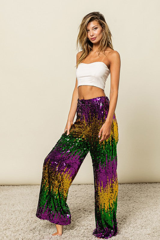 Mardi Gras Sequin Wide Leg Pants-Pants-Bibi-Shop with Bloom West Boutique, Women's Fashion Boutique, Located in Houma, Louisiana