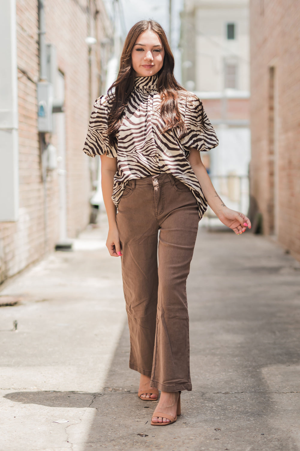 Tina Chocolate Zebra Print Blouse-Long Sleeves-Bloom West Boutique-Shop with Bloom West Boutique, Women's Fashion Boutique, Located in Houma, Louisiana
