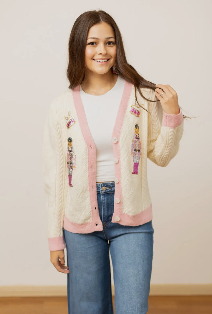 Maria Beige and Pink Nutcracker Cardigan-Cardigans-Southern Grace-Shop with Bloom West Boutique, Women's Fashion Boutique, Located in Houma, Louisiana