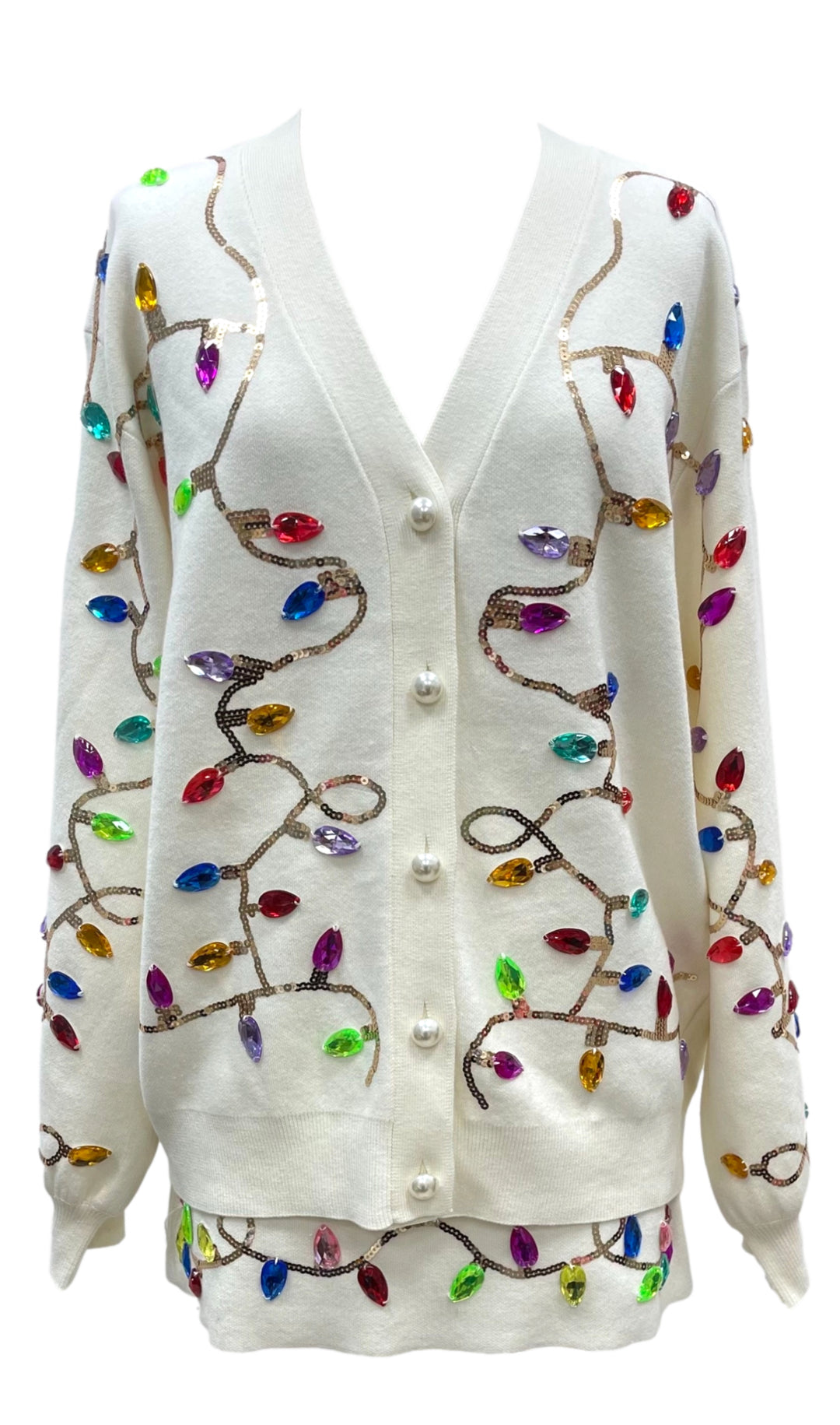 Queen of Sparkles White Multi Jeweled Christmas Lights Cardigan-Cardigans-Queen Of Sparkles-Shop with Bloom West Boutique, Women's Fashion Boutique, Located in Houma, Louisiana