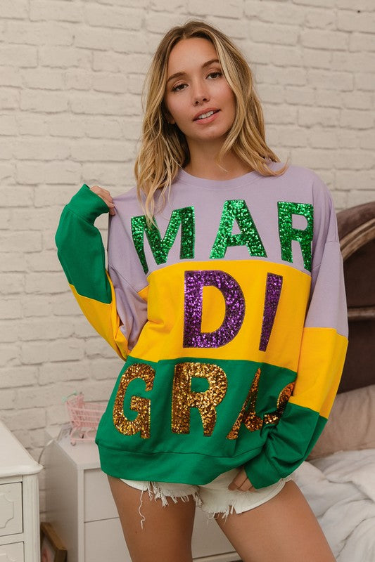 Rex Sequin Mardi Gras Lettering Color Block Sweatshirt-Sweaters-Bibi-Shop with Bloom West Boutique, Women's Fashion Boutique, Located in Houma, Louisiana