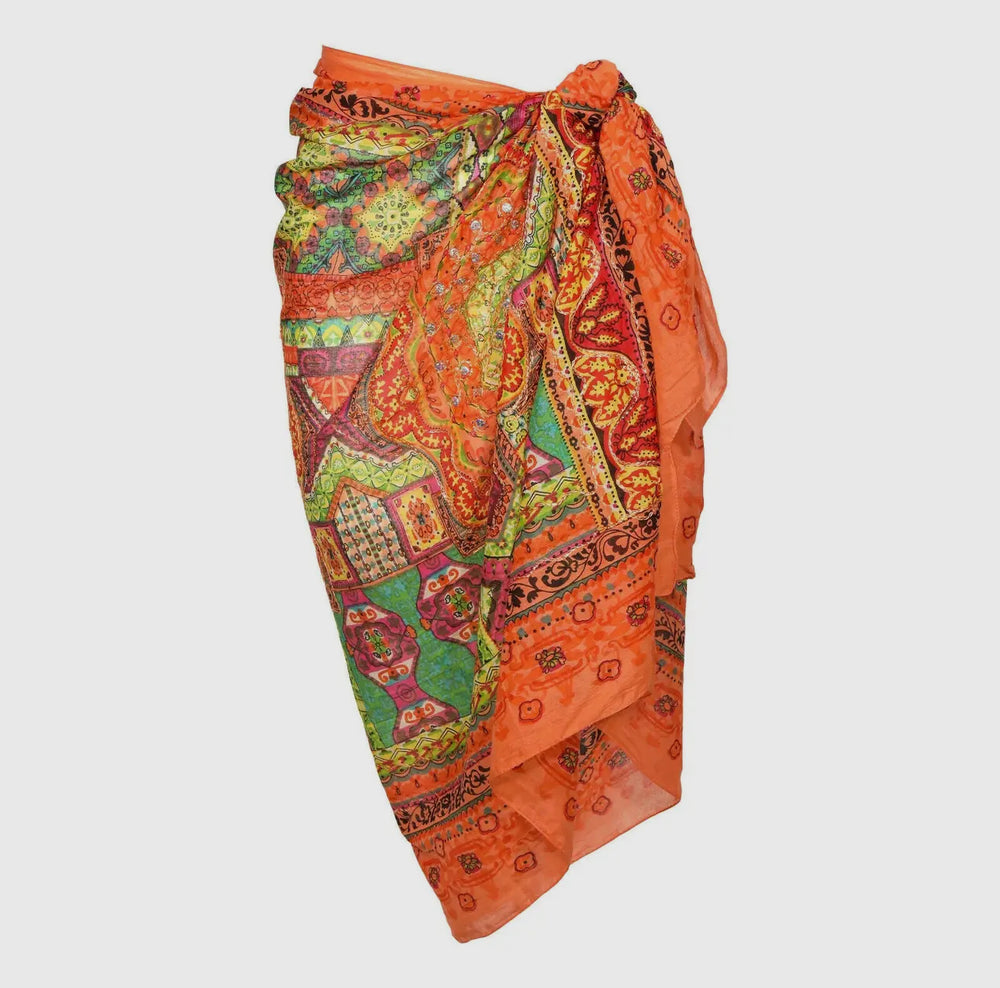 Orange Metallic Embroidered Cotton Sarong-Cover Ups-Dalfiya-Shop with Bloom West Boutique, Women's Fashion Boutique, Located in Houma, Louisiana