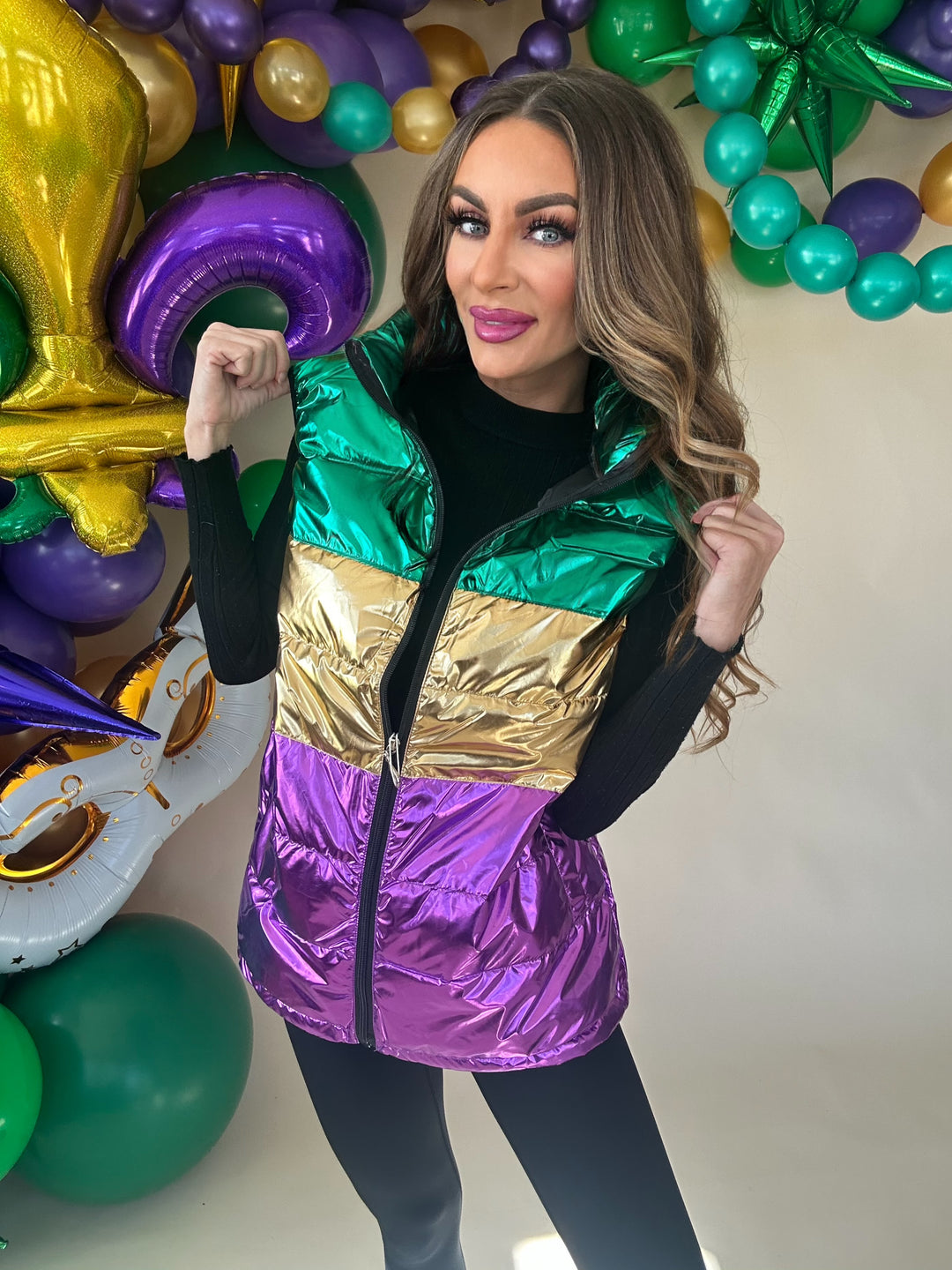 Mardi Gras Color Block Puffer Vest Preorder-Jackets-Wona Trading-Shop with Bloom West Boutique, Women's Fashion Boutique, Located in Houma, Louisiana