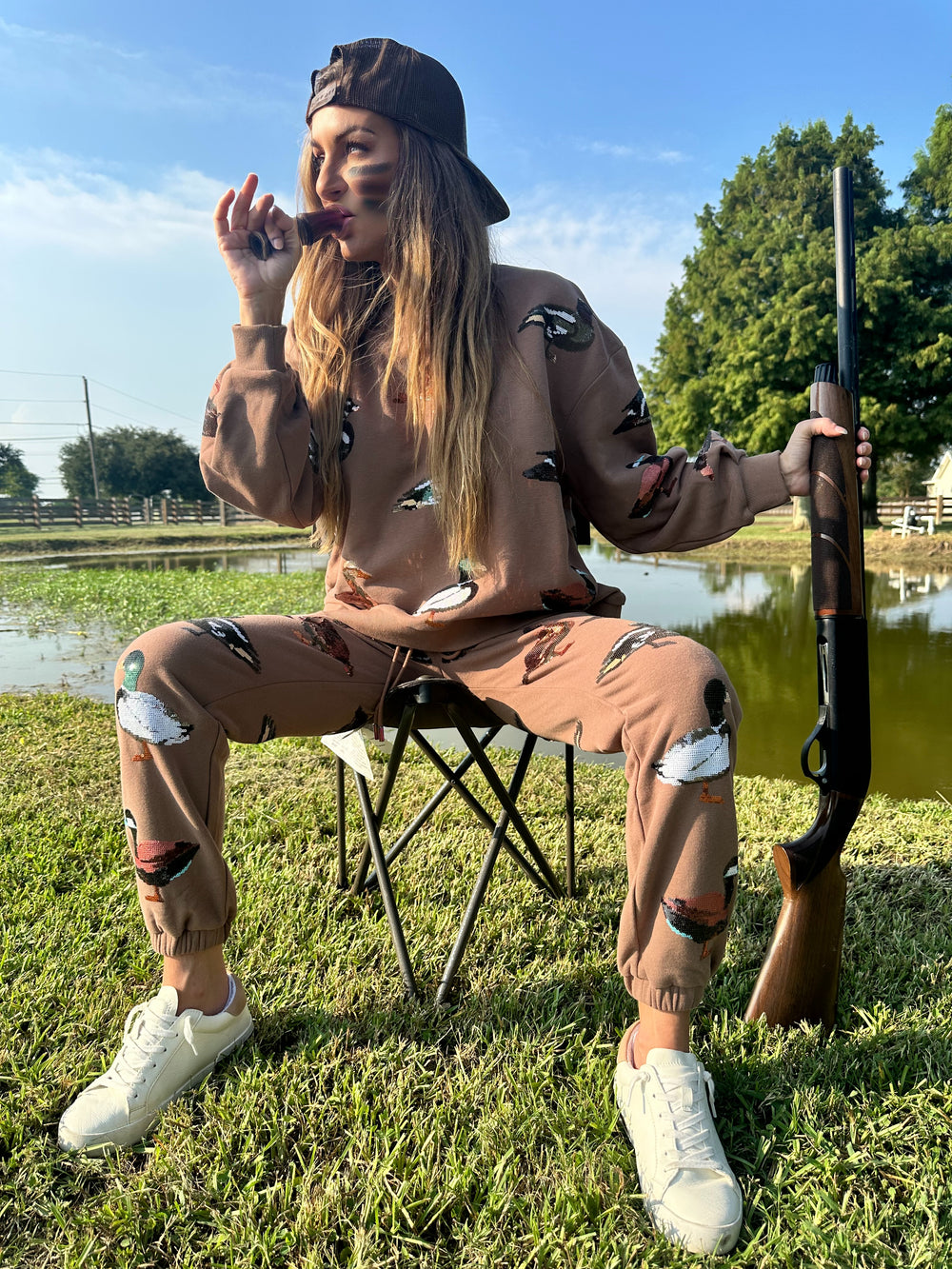 Queen Of Sparkles Brown Scattered Duck Sweatpants-Pants-Queen Of Sparkles-Shop with Bloom West Boutique, Women's Fashion Boutique, Located in Houma, Louisiana