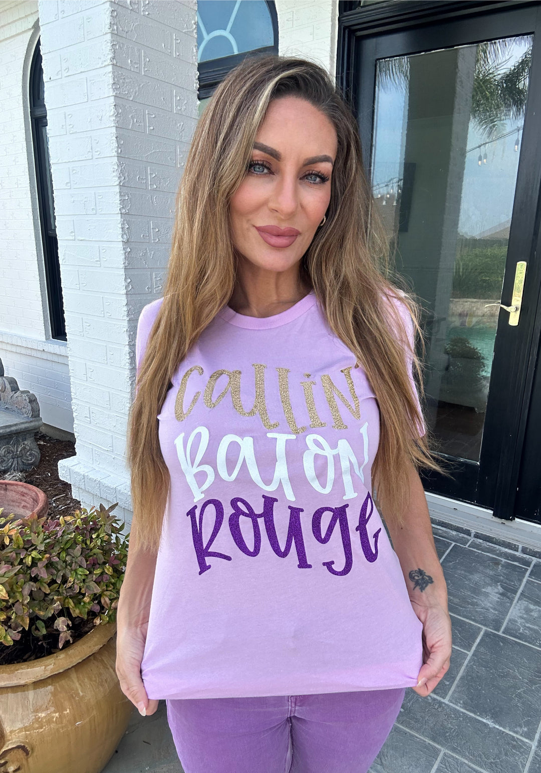 Callin Baton Rouge Glitter Shirt-Graphic Tees-Geauxing Southern Boutique-Shop with Bloom West Boutique, Women's Fashion Boutique, Located in Houma, Louisiana