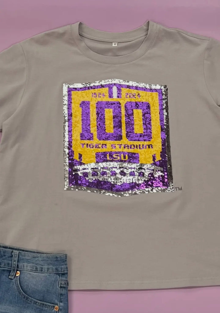 LSU 100 Years Tiger Stadium (Licensed) Sequin Tee-Graphic Tees-Bomb Designs-Shop with Bloom West Boutique, Women's Fashion Boutique, Located in Houma, Louisiana