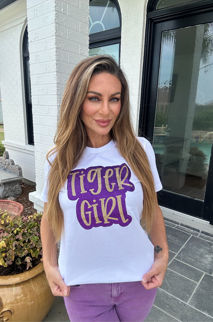 Tiger Girl Gliter Shirt-Graphic Tees-Geauxing Southern Boutique-Shop with Bloom West Boutique, Women's Fashion Boutique, Located in Houma, Louisiana