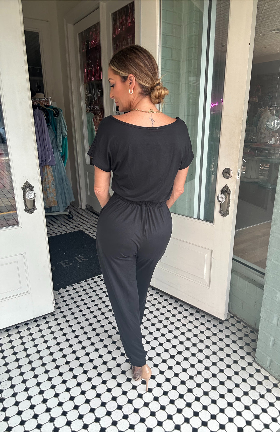 Hilary Two-Way Shoulder Drawstring Jumpsuit-Jumpsuits-Capella Apparel-Shop with Bloom West Boutique, Women's Fashion Boutique, Located in Houma, Louisiana