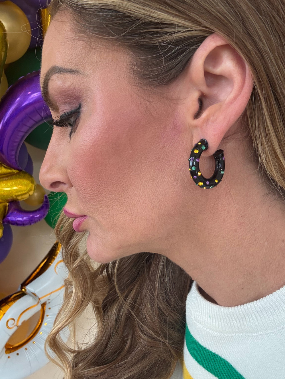 Mardi Gras Colored Stone Hoop Earrings Small-Earrings-fashion city-Shop with Bloom West Boutique, Women's Fashion Boutique, Located in Houma, Louisiana