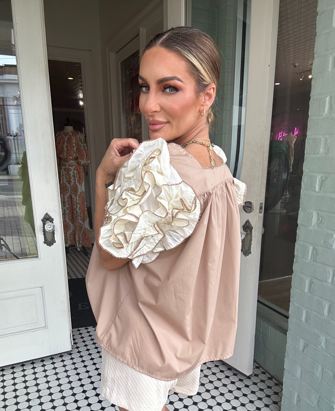 Embur Bouse With White Ruffled Sleeves-Short Sleeves-Entro-Shop with Bloom West Boutique, Women's Fashion Boutique, Located in Houma, Louisiana