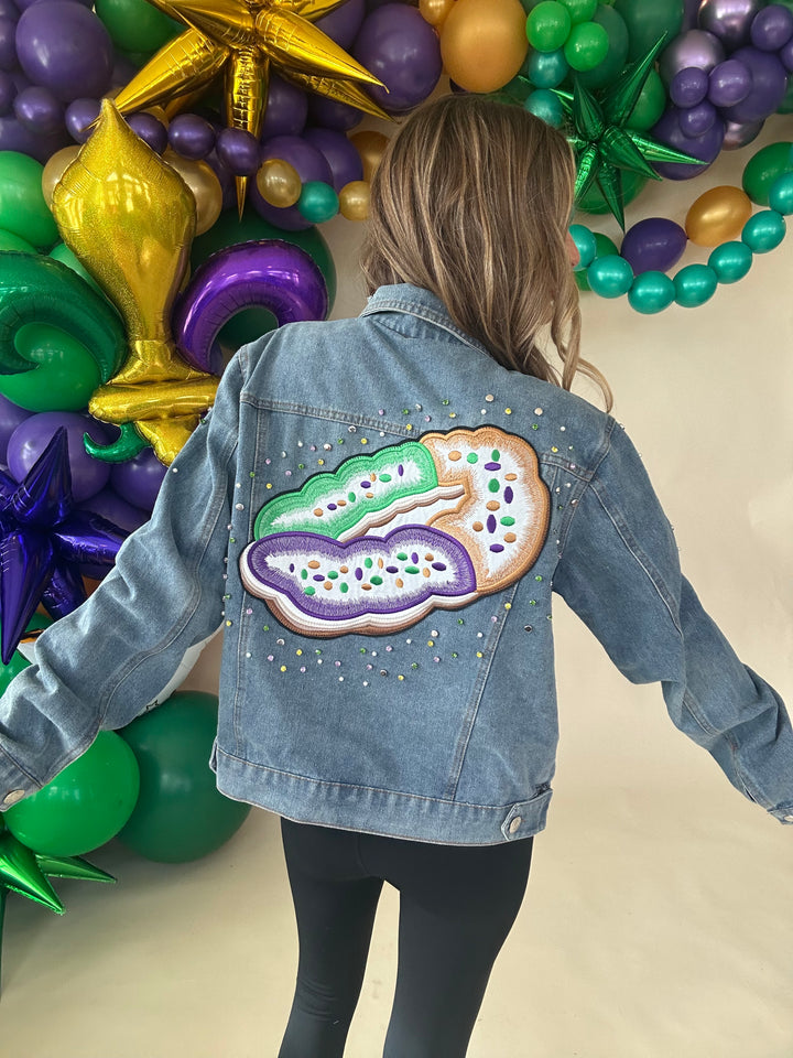 Mardi Gras King Cake Rhinestone Denim Jacket-Jackets-songlily-Shop with Bloom West Boutique, Women's Fashion Boutique, Located in Houma, Louisiana