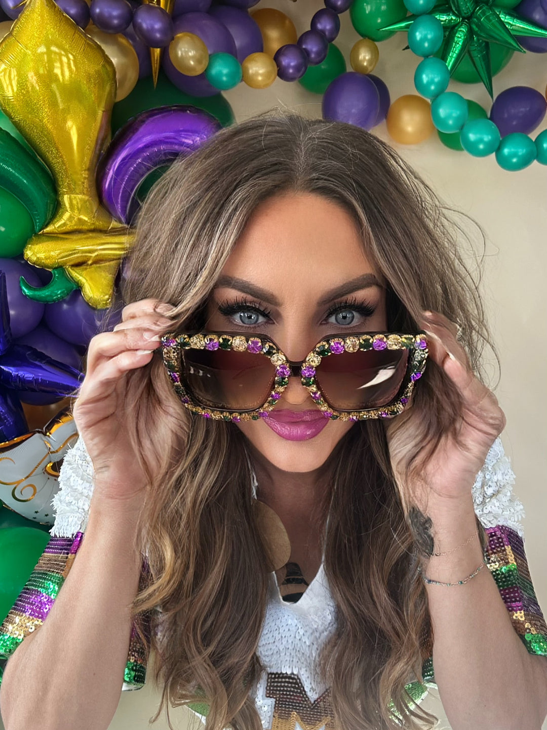 Large Mardi Gras Rhinestone Sunglasses preorder-Sunglasses-songlily-Shop with Bloom West Boutique, Women's Fashion Boutique, Located in Houma, Louisiana