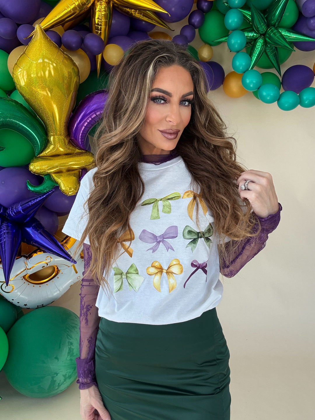 Mardi Gras Multi Bow Tee-Graphic Tees-The Wild Navy-Shop with Bloom West Boutique, Women's Fashion Boutique, Located in Houma, Louisiana