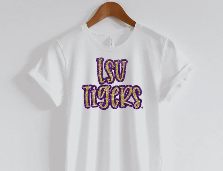 LSU Tigers Purple and Gold Glitter shirt-Graphic Tees-Geauxing Southern Boutique-Shop with Bloom West Boutique, Women's Fashion Boutique, Located in Houma, Louisiana