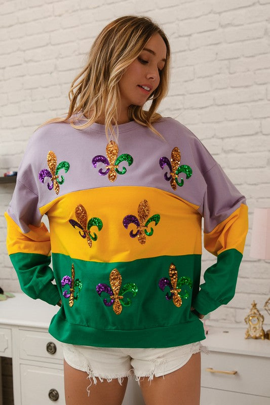 Zulu Sequin Fleur De Lis Mardi Gras Sweatshirt-Sweaters-Bibi-Shop with Bloom West Boutique, Women's Fashion Boutique, Located in Houma, Louisiana