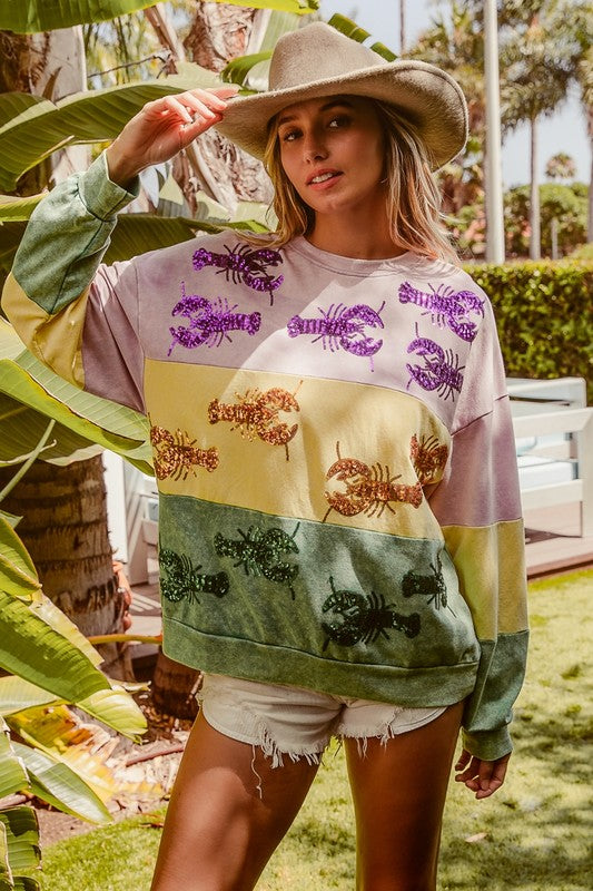 Cleopatra Sequin Crawfish washed Mardi Gras Sweatshirt-Sweaters-Bibi-Shop with Bloom West Boutique, Women's Fashion Boutique, Located in Houma, Louisiana