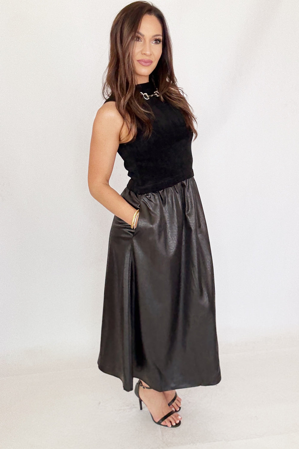 THML Sleeveless Mixed Media Maxi Dress-Dresses-THML-Shop with Bloom West Boutique, Women's Fashion Boutique, Located in Houma, Louisiana