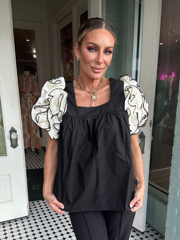 Embur Bouse With White Ruffled Sleeves-Short Sleeves-Entro-Shop with Bloom West Boutique, Women's Fashion Boutique, Located in Houma, Louisiana