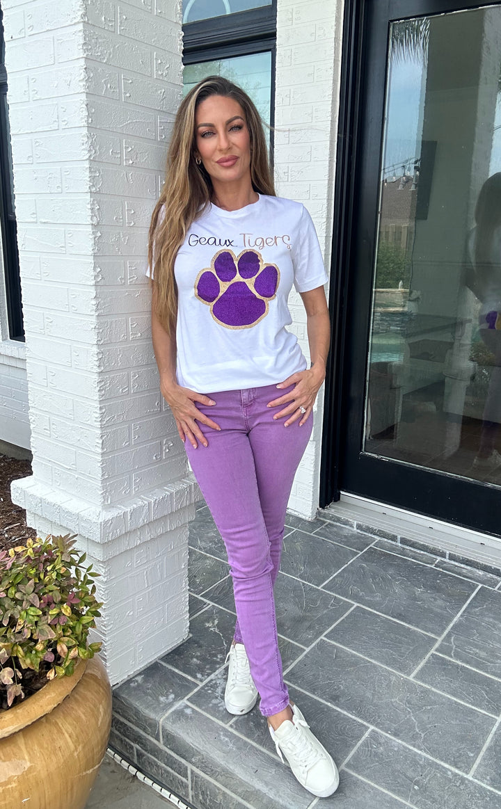 Geaux Tigers Glitter Paw Print Shirt-Graphic Tees-Geauxing Southern Boutique-Shop with Bloom West Boutique, Women's Fashion Boutique, Located in Houma, Louisiana