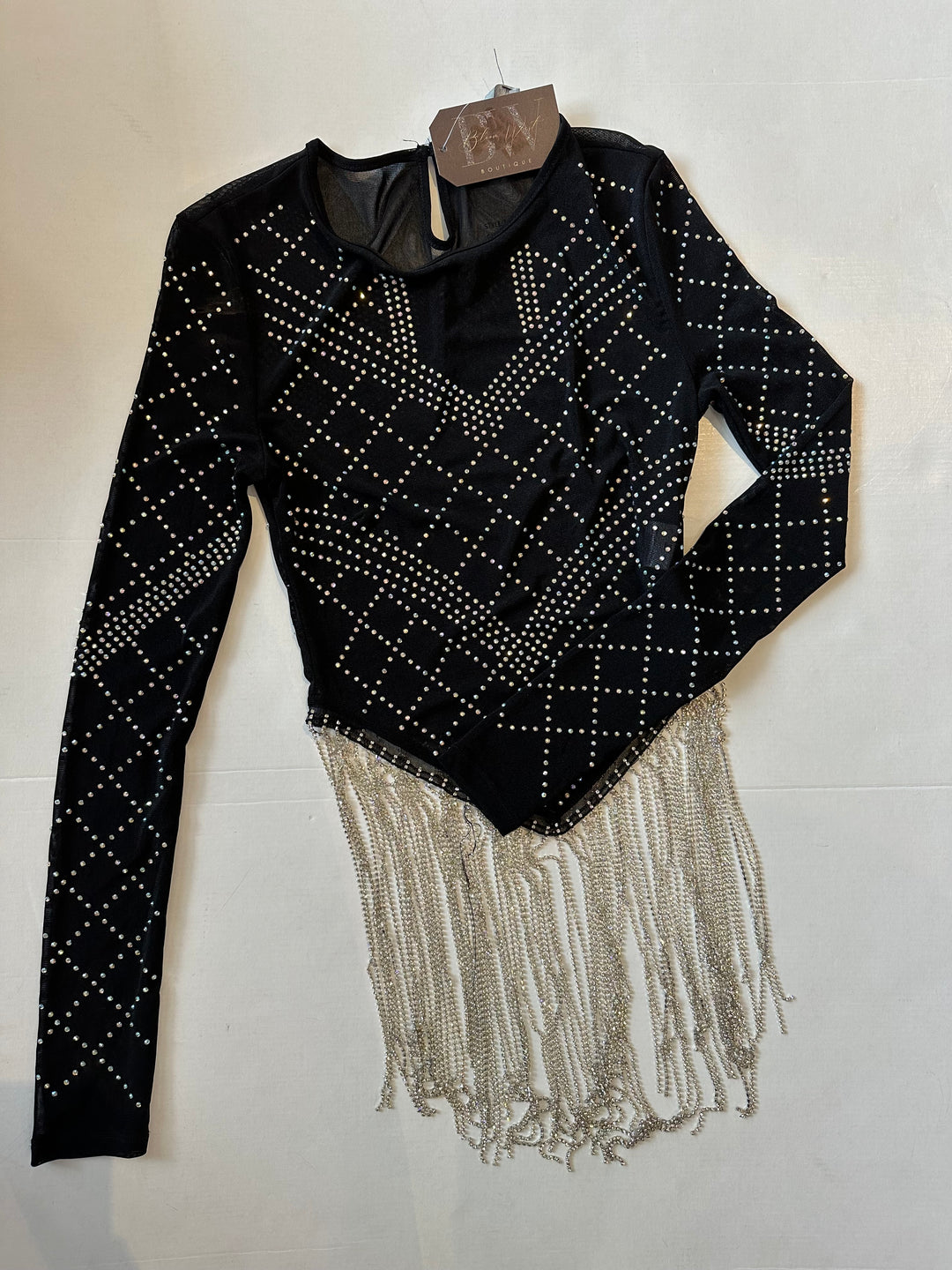 Jewel Stretch Mesh Studded Rhinestone Fringe Long Slv Top Black-Long Sleeves-Bloom West Boutique-Shop with Bloom West Boutique, Women's Fashion Boutique, Located in Houma, Louisiana