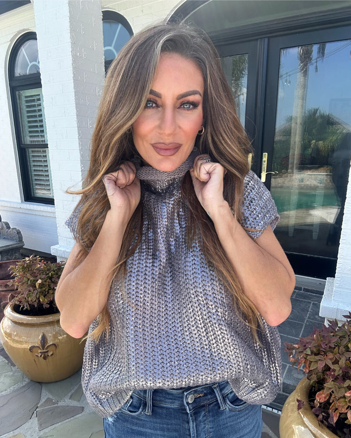 Adina Metallic Foil Sleeveless Turtleneck Sweater-Sweaters-She+Sky-Shop with Bloom West Boutique, Women's Fashion Boutique, Located in Houma, Louisiana