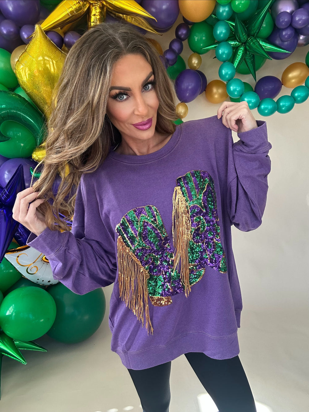 Nemesis Fringed Mardi Gras Boots Sequin Pullover-Graphic Sweaters-Bibi-Shop with Bloom West Boutique, Women's Fashion Boutique, Located in Houma, Louisiana