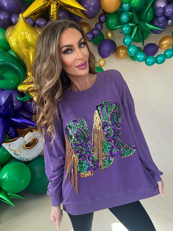 Nemesis Fringed Mardi Gras Boots Sequin Pullover-Graphic Sweaters-Bibi-Shop with Bloom West Boutique, Women's Fashion Boutique, Located in Houma, Louisiana