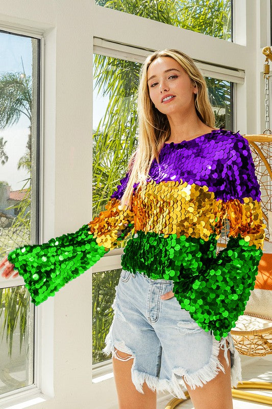 Mardi Gras Color Block Spangle Top-Long Sleeves-Bibi-Shop with Bloom West Boutique, Women's Fashion Boutique, Located in Houma, Louisiana