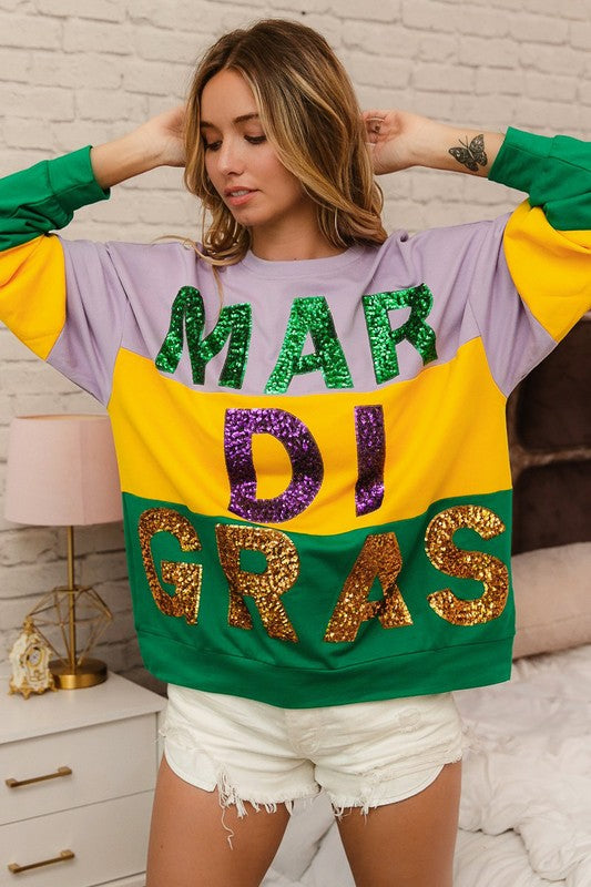 Rex Sequin Mardi Gras Lettering Color Block Sweatshirt-Sweaters-Bibi-Shop with Bloom West Boutique, Women's Fashion Boutique, Located in Houma, Louisiana