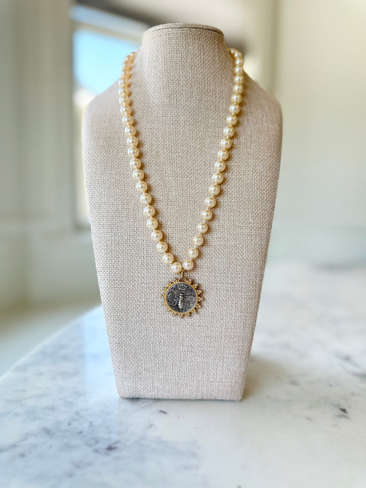 Silver Queen Bee Coin Pearl Necklace-Necklaces-Erin Knight Designs-Shop with Bloom West Boutique, Women's Fashion Boutique, Located in Houma, Louisiana