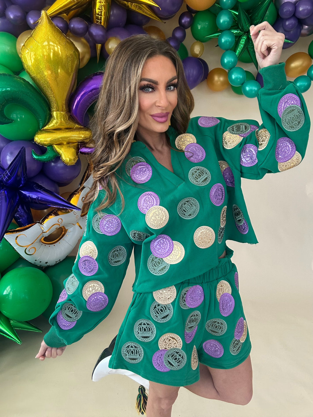 Queen of Sparkles Green Mardi Gras Dabloons Sweatshirt-QOS Tops-Queen Of Sparkles-Shop with Bloom West Boutique, Women's Fashion Boutique, Located in Houma, Louisiana