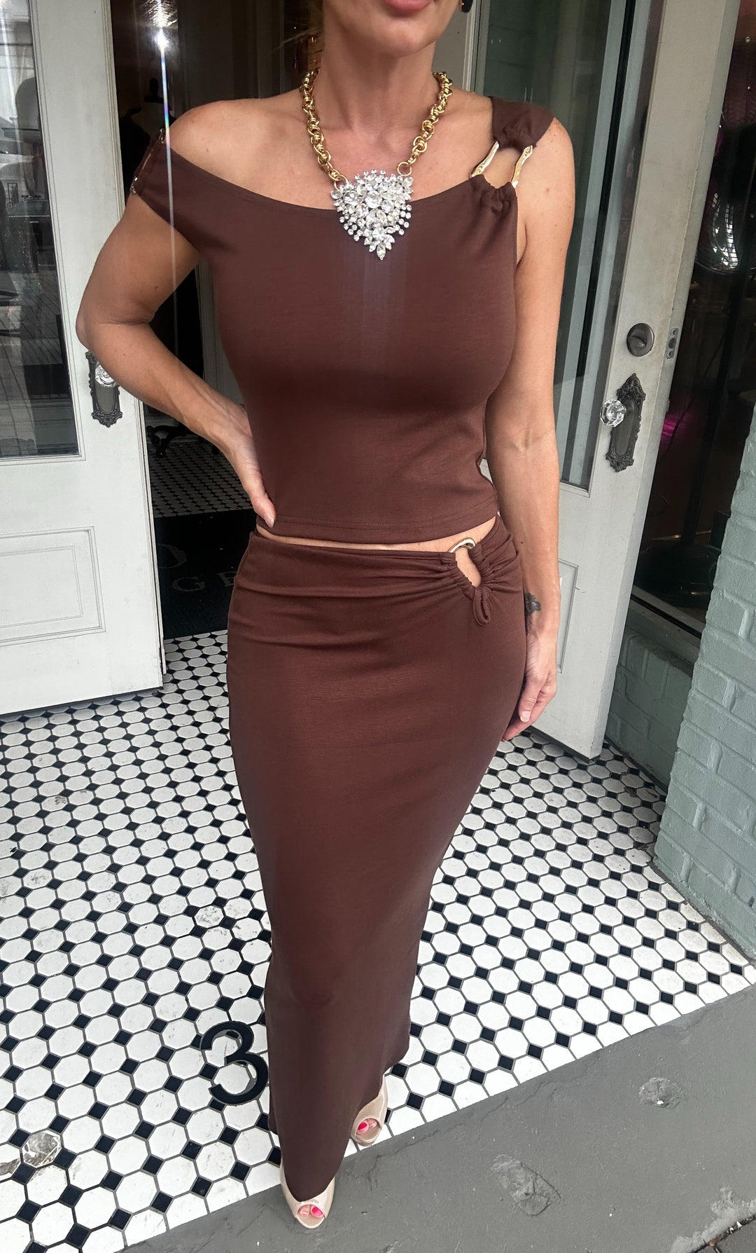 Viva Metal Trimmed Knit Maxi Skirt set-Two Piece Set-edit by nine-Shop with Bloom West Boutique, Women's Fashion Boutique, Located in Houma, Louisiana