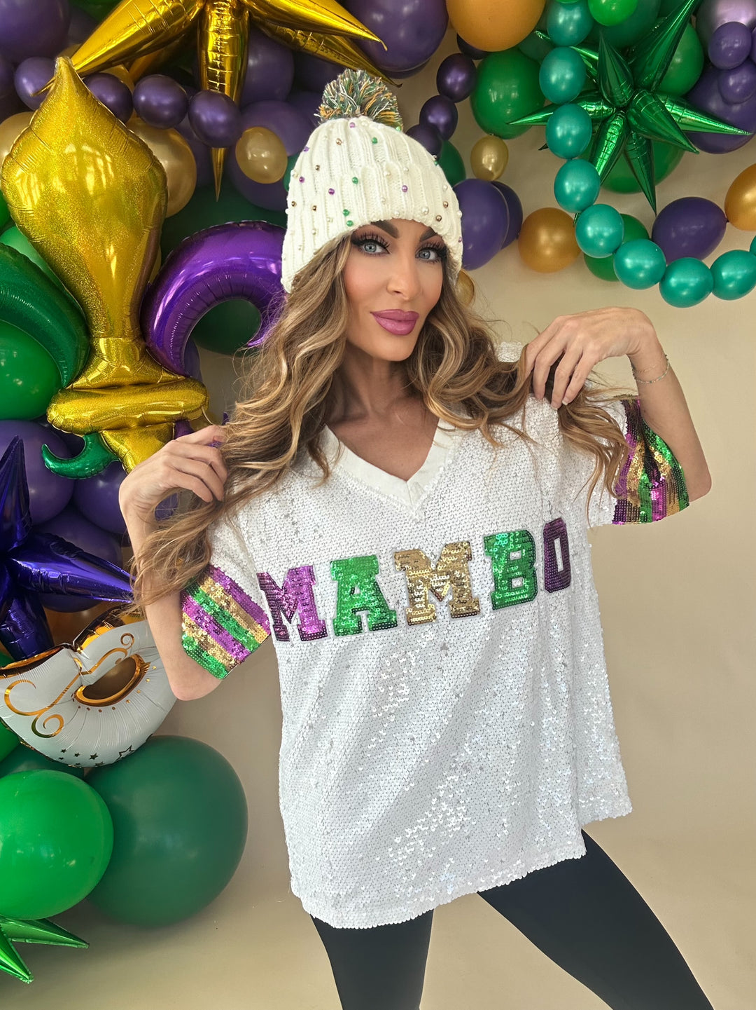 Mardi Gras Mambo Sequin V-Neck Top-Graphic Tees-Bibi-Shop with Bloom West Boutique, Women's Fashion Boutique, Located in Houma, Louisiana