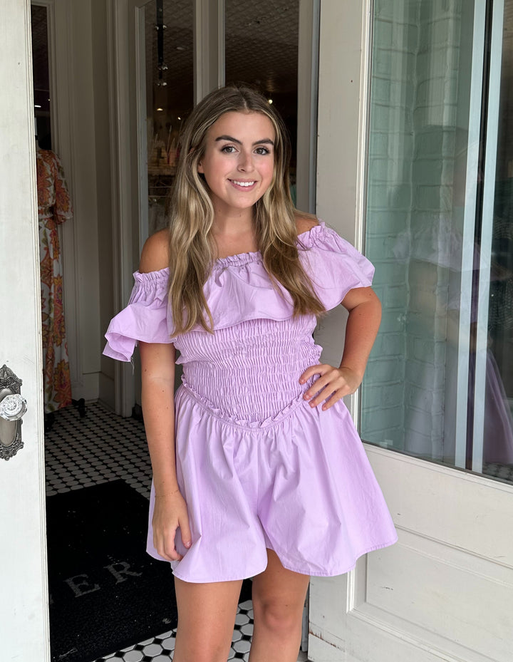 Esme Ruffled Off the Shoulder Romper-Rompers-mable-Shop with Bloom West Boutique, Women's Fashion Boutique, Located in Houma, Louisiana