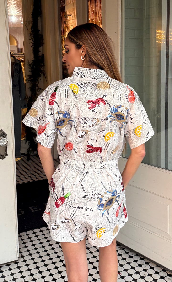 Queen Of Sparkles Newspaper Seafood Romper-QOS Dresses-Queen Of Sparkles-Shop with Bloom West Boutique, Women's Fashion Boutique, Located in Houma, Louisiana