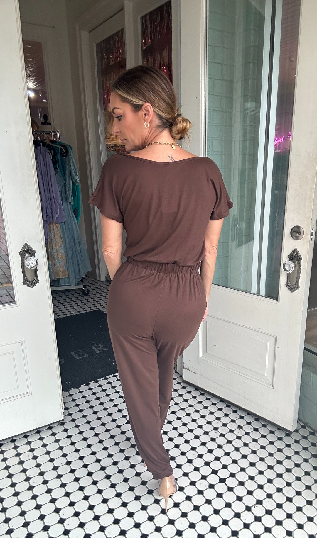 Hilary Two-Way Shoulder Drawstring Jumpsuit-Jumpsuits-Capella Apparel-Shop with Bloom West Boutique, Women's Fashion Boutique, Located in Houma, Louisiana