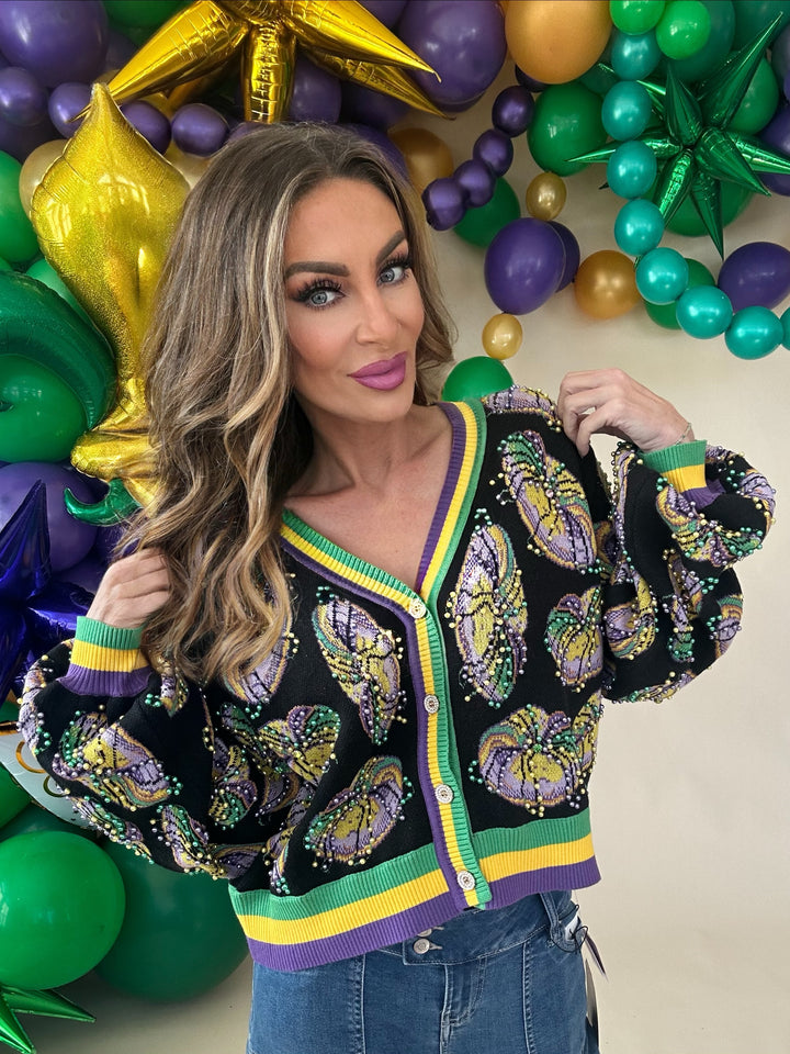 Queen of Sparkles Black Pearl King Cake Mardi Cardigan-QOS Tops-Queen Of Sparkles-Shop with Bloom West Boutique, Women's Fashion Boutique, Located in Houma, Louisiana