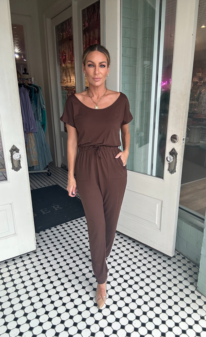 Hilary Two-Way Shoulder Drawstring Jumpsuit-Jumpsuits-Capella Apparel-Shop with Bloom West Boutique, Women's Fashion Boutique, Located in Houma, Louisiana