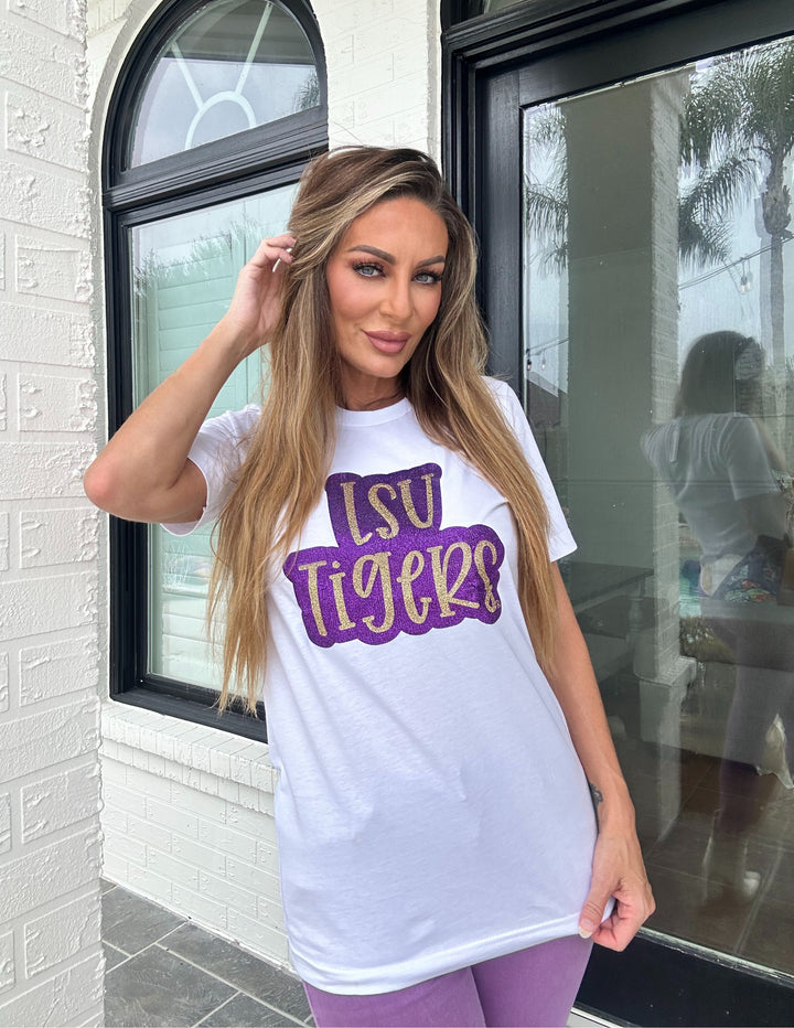 LSU Tigers Purple and Gold Glitter shirt-Graphic Tees-Geauxing Southern Boutique-Shop with Bloom West Boutique, Women's Fashion Boutique, Located in Houma, Louisiana