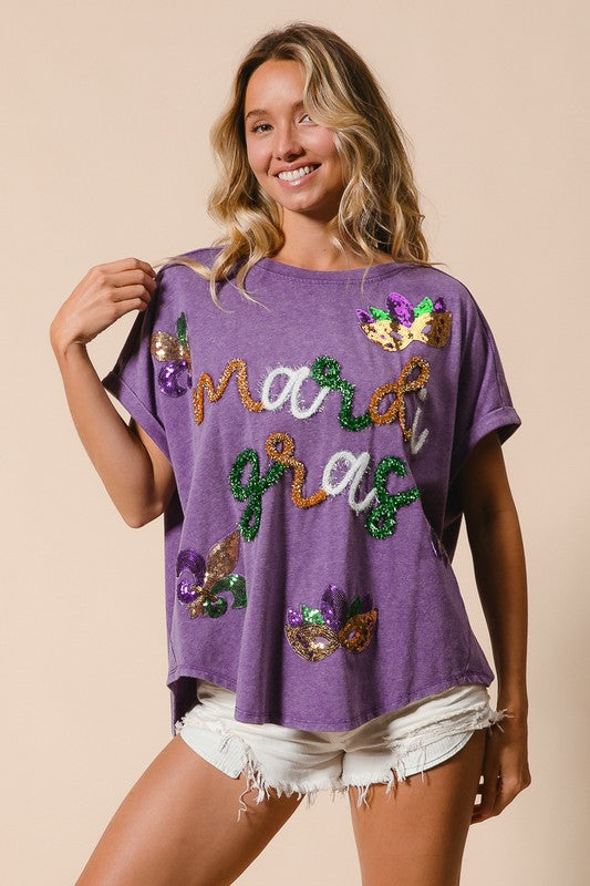 Mardi Gras Tinsel and Sequin Fleur Dis Le with Mask Patches Shirt-Graphic Tees-Bibi-Shop with Bloom West Boutique, Women's Fashion Boutique, Located in Houma, Louisiana