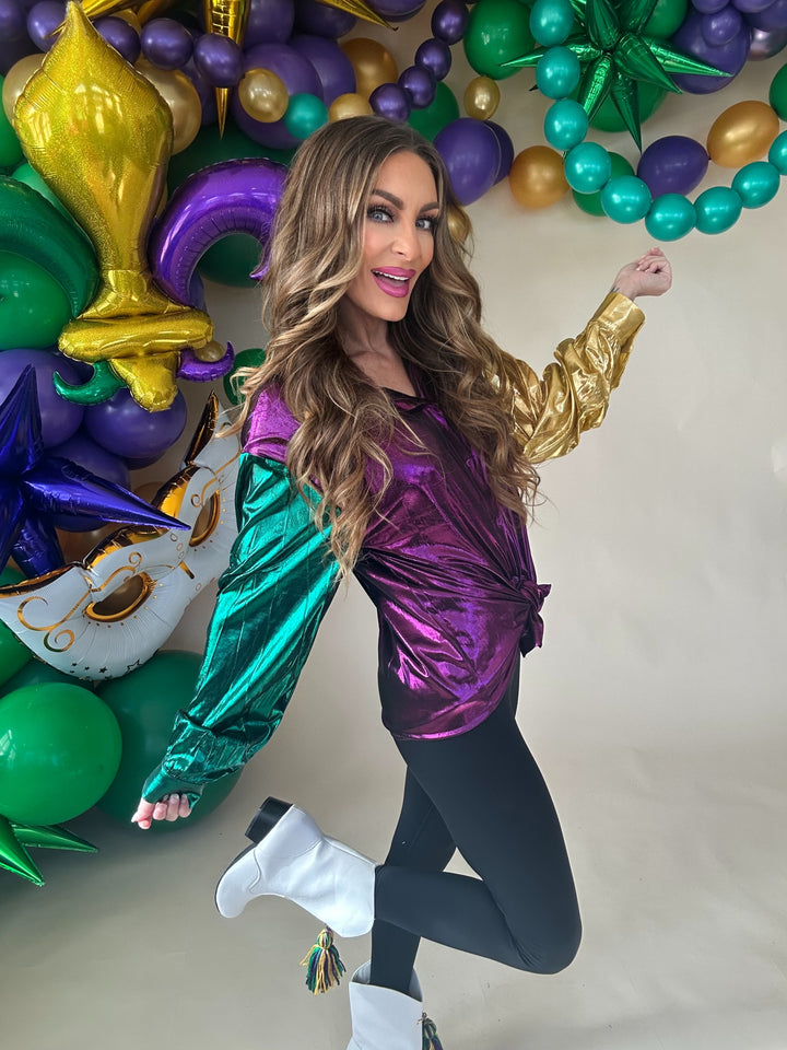 Mardi Gras Metallic Silky Button Down Top-Long Sleeves-Bibi-Shop with Bloom West Boutique, Women's Fashion Boutique, Located in Houma, Louisiana