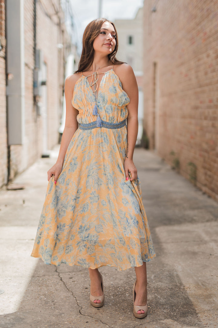 Audrey Metallic Front Cutout Smocked Waist Dress Yellow-Dresses-La Fuori-Shop with Bloom West Boutique, Women's Fashion Boutique, Located in Houma, Louisiana